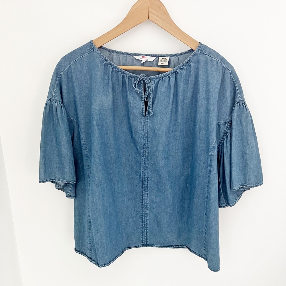Levi's Womens Leslie Denim Peasant Boxy Blouse Top Small Tie Keyhole